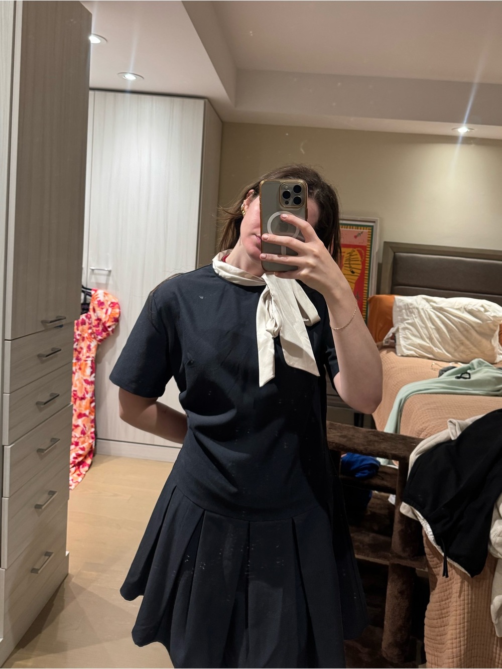 Women’s Navy Short-Sleeve Dress with Cream Neck Tie